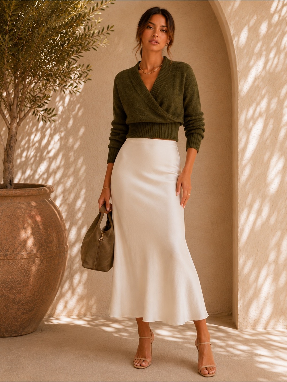 Commense Green Wool-Blend Wrap V-Neck Sweater S | Quiet Luxury Knit
